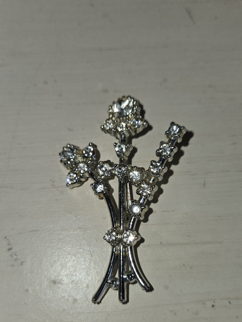 Source Unknown Silver Floral Bouquet Brooch with Clear Crystals